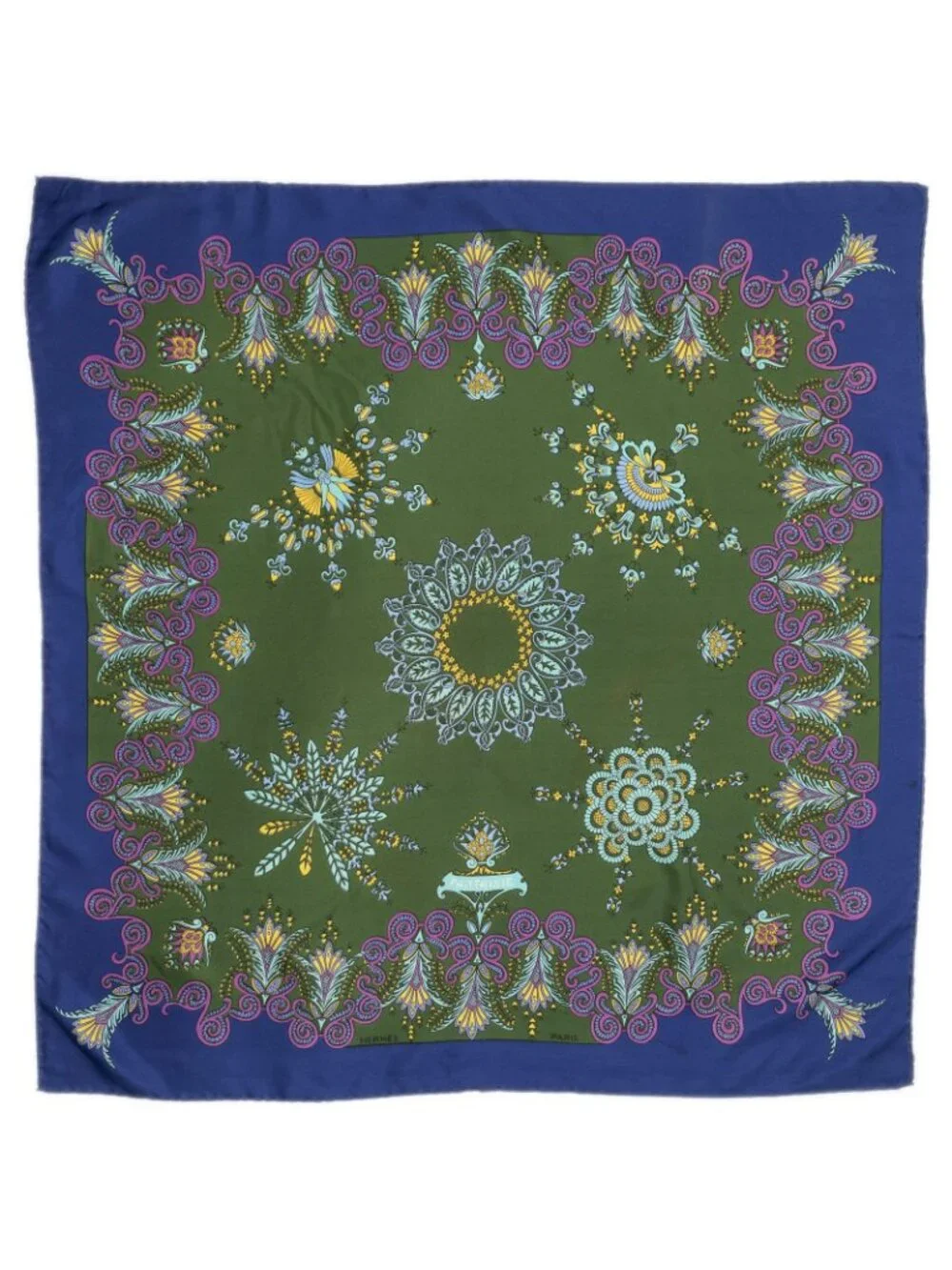 Hermes Scarf Green Blue Lilac 100% Twill Silk